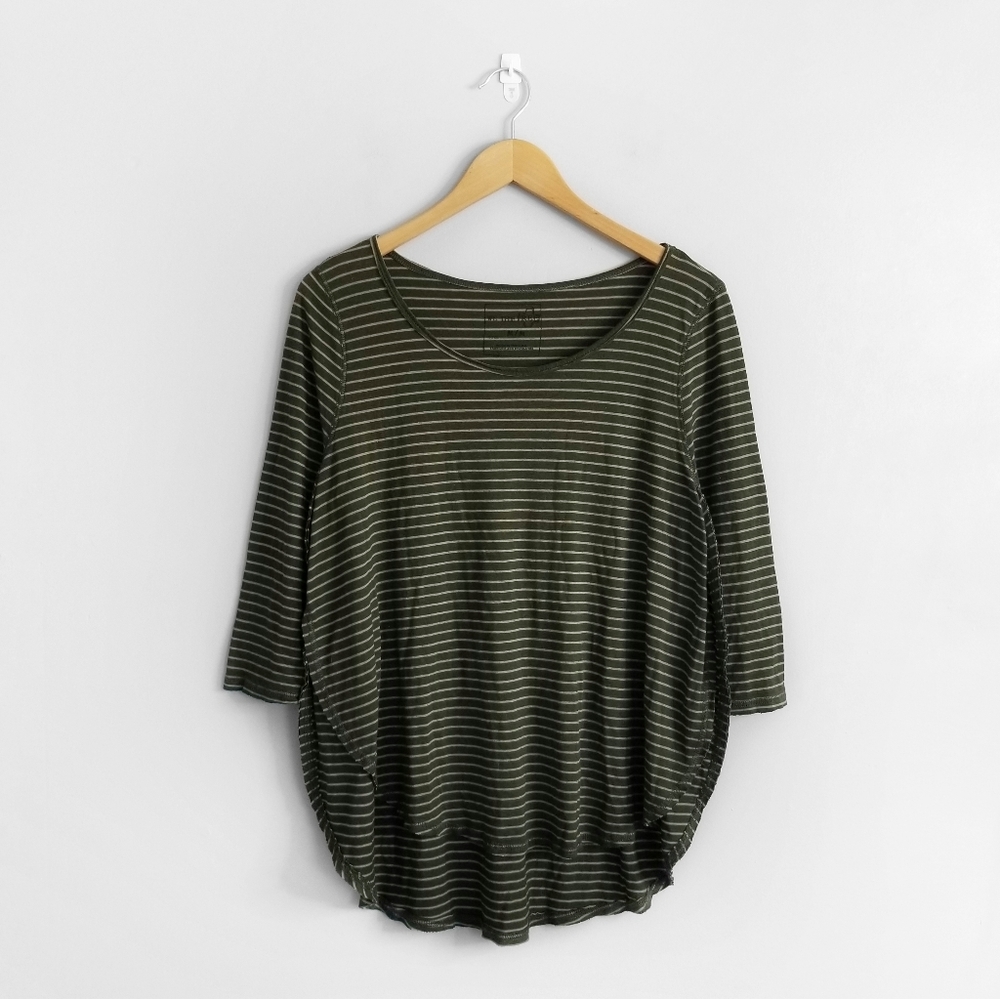 FREE PEOPLE Green Striped 3/4 Sleeve Tee